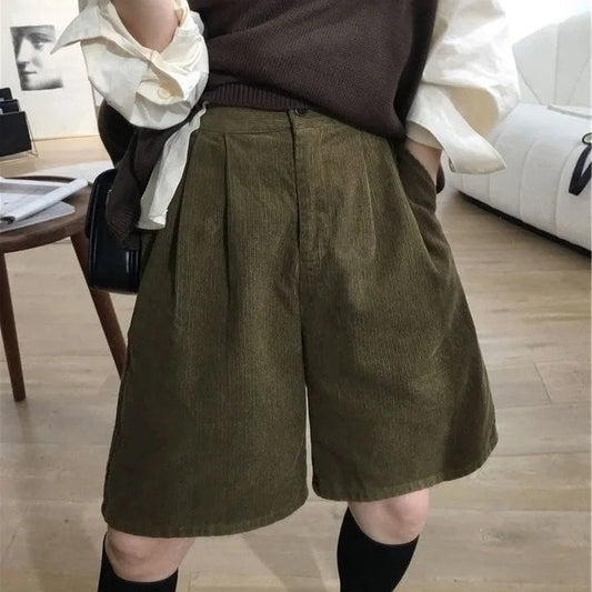 High Waist Vintage Corduroy Wide Leg Five-Point Pants Women's Autumn Winter New Loose A- Line Casual Boot Pants