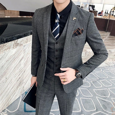 Men's High-quality Plus Size 5XL-M 3-piece Suit (suit+vest+pants) Business Fashion Plaid Suit Groom's Wedding Banquet Set