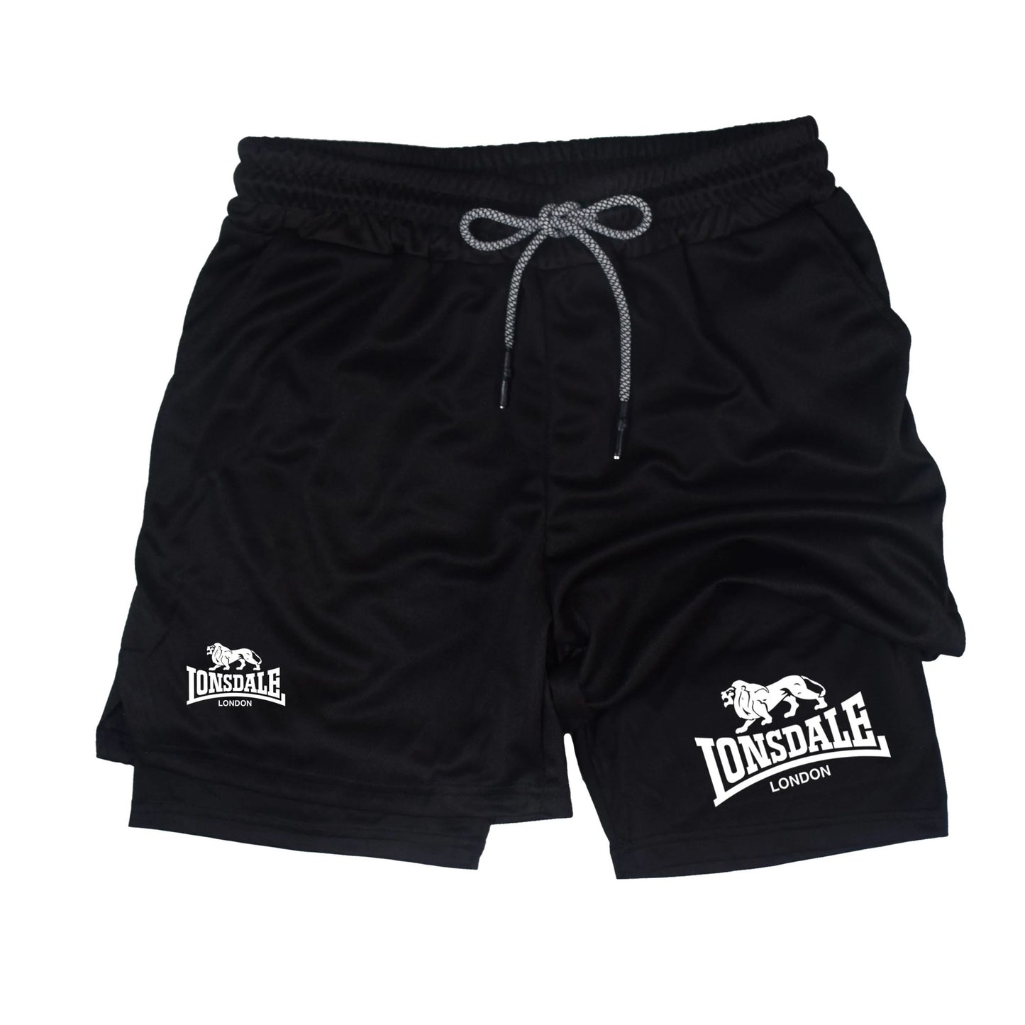2 in 1 Running Shorts Men Workout Lonsdale Compression Shorts with Phone Pocket Towel Loop Summer Sport Athletic Activewear