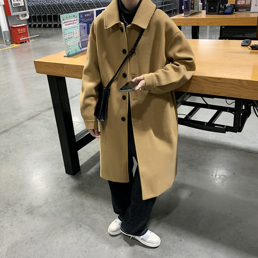 Blends Men X-long Autumn Winter Korean Style Trendy Loose Overcoats Solid Handsome All-match College Harajuku Clothing Mid-calf