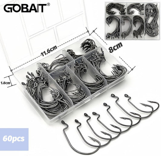 60 unidades/caixa Anzóis de minhoca de boca larga Anzol Jig Texas Rig Anzol para Robalo Aço de Alto Carbono Anzol Offset farpado Equipamento de Pesca Isca Macia