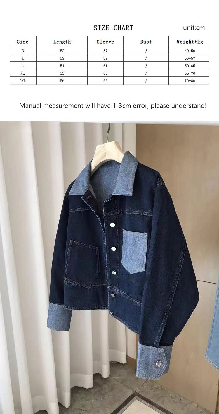Retro Contrasting Color Laple Denim Jacket for Women 2024 Autumn New Loose Single-breasted Coats Casual Versatile Short Top