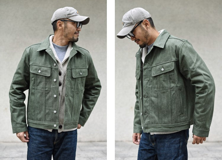 Sauce Zhan 540XX Mens Cusual Jacket Vulcanized green Selvedge Sanforized Denim Jacket 14 Oz Loose Fit