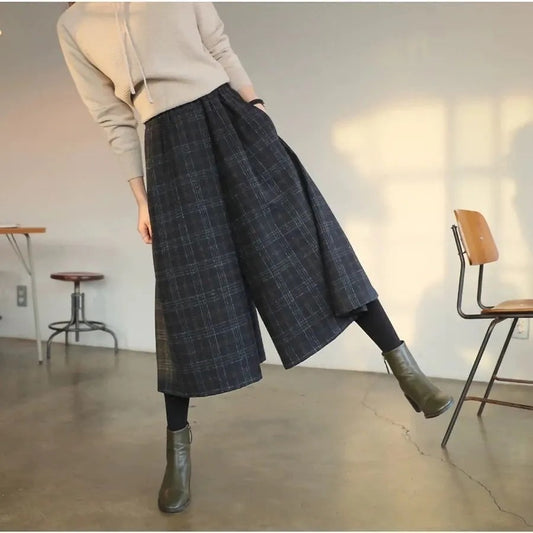 Women Elastic High Waist Woolen Pants Autumn Winter New Plaid Wool Wide Leg Pants Female Casual Loose Ankle-Length Skirts Pants