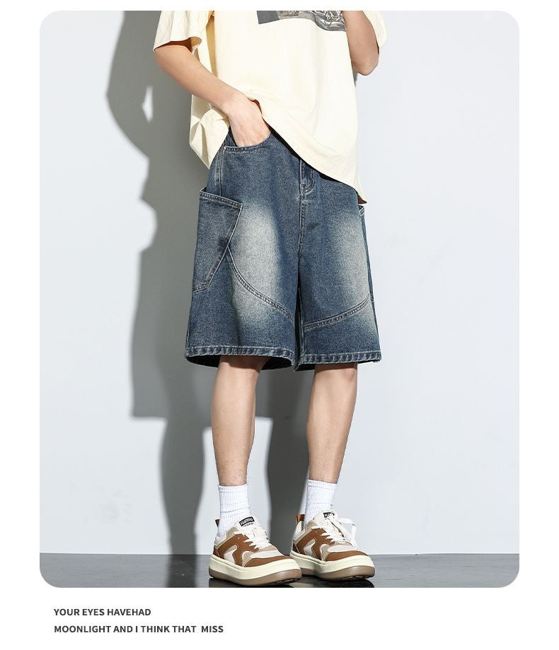 Summer New Baggy Denim Shorts Fashion Casual Straight Harajuku Jeans Male Vintage Wash Drawstring Short Pants Streetwear