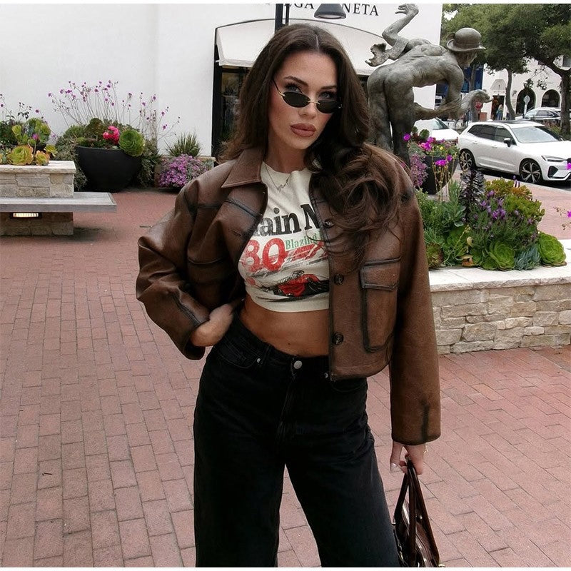 Full Sleeve Cropped Women Casual Slim Thin Motorcycle Coat Chic Zipper Lapel Wine Red Leather Jacket Lady New Highstreet Outwear
