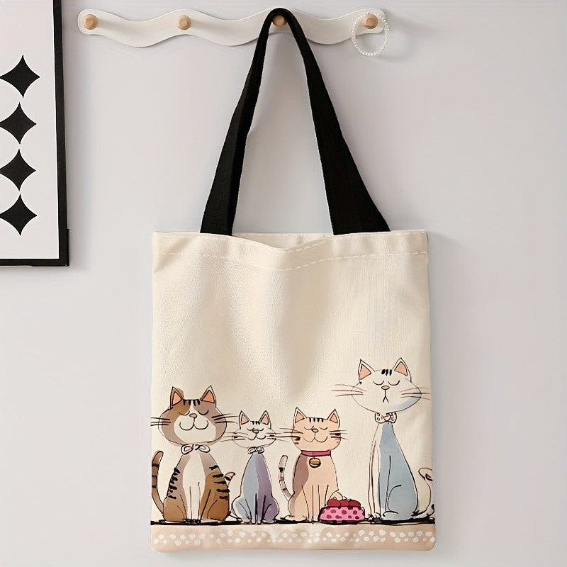 4 Cute Kitten Print Tote Bag - Large Capacity, Foldable Shoulder Bag with Black Handles, Lightweight Shopping Bag for Travel