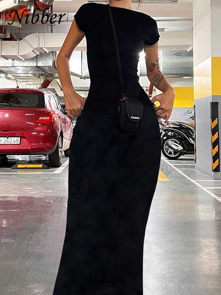 Nibber Solid Sexy Backless Maxi Dress Women Elegant Elastic Slim Short Sleeve Lo