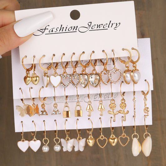 36 Pcs Boho Heart Hoop Earring Set for Women Gold Color Bohemia Vintage Pearl Earring European and American Jewelry Gifts 2024