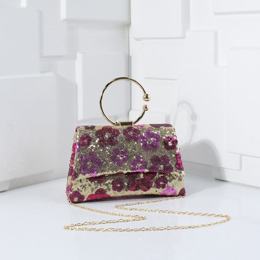Metal Top Handle Bags for Bridal Women Shiny Sequins Evening Handbag Colorful Flowers Party Clutch Purse Chain Shoulder Bags
