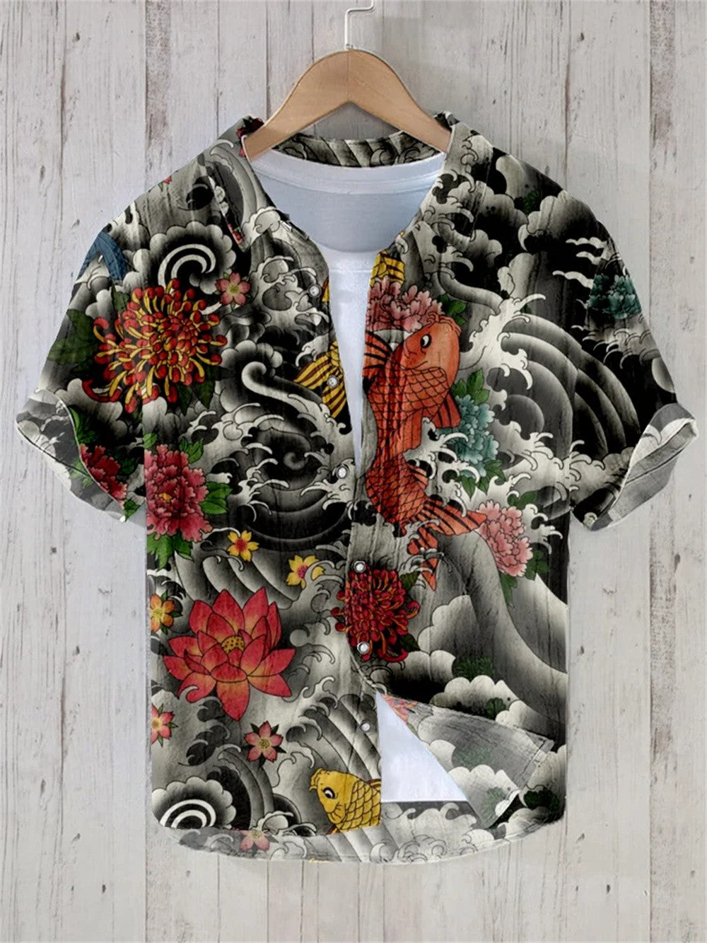 Silk print high-quality retro novel trendy men's casual social solid color Hawaiian shirt new style