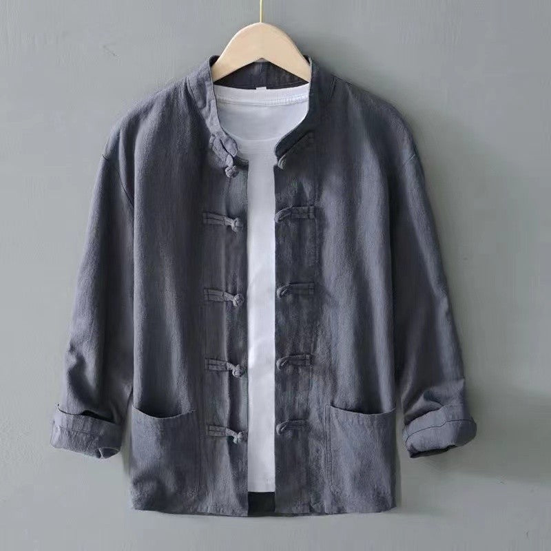 XXXXXL Plus Size Men Cotton Linen Shier Autumn Spring Men Collarless Long Sleeve Frog Button Loose Blouse Tops Oversized M-5XL