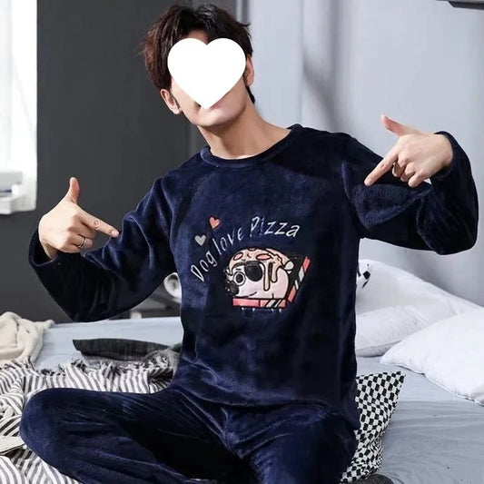 Thickened Flannel Sleepwear Set for Men Winter Home Clothes Coral Fleece Lined Autumn Winter Style Overhead Mens Nightgown