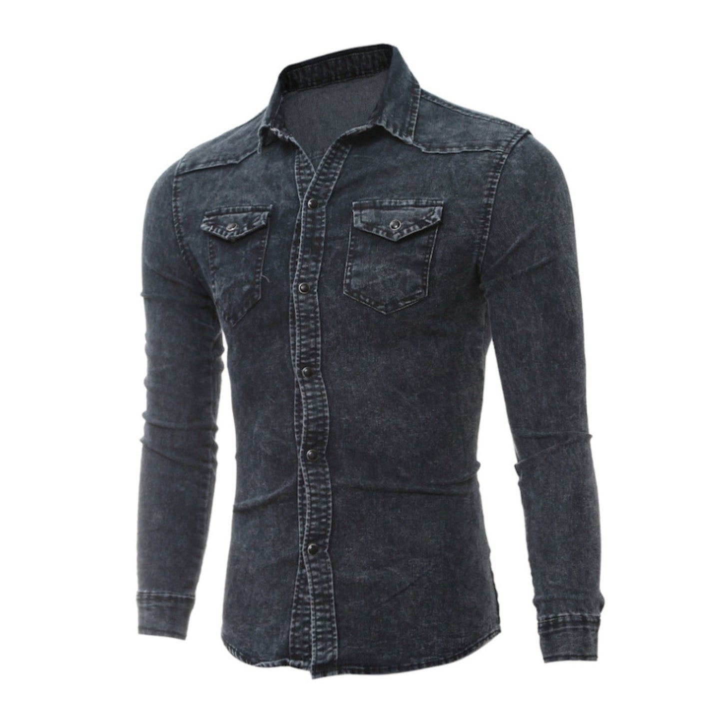 Men'S Autumn Fashion Clothing Casual Fashion Long Sleeve Lapel Shirts Solid Color Denim Washed Shirt Men'S Tops