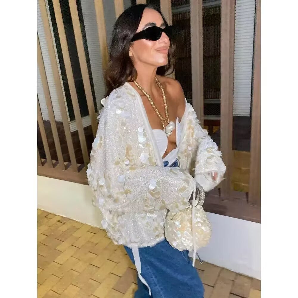 YENKYE New Autumn Women Sequin Kimono Jacket Coat Long Sleeve V Neck Female Casual Loose Outerwear Chic Lady Wrap Outfits