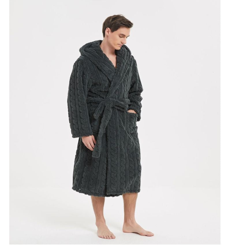 New American Cotton Velvet Jacquard Hooded Men's Dressing Gown with Fleece Thickened Autumn and Winter Couple Dressing Gown