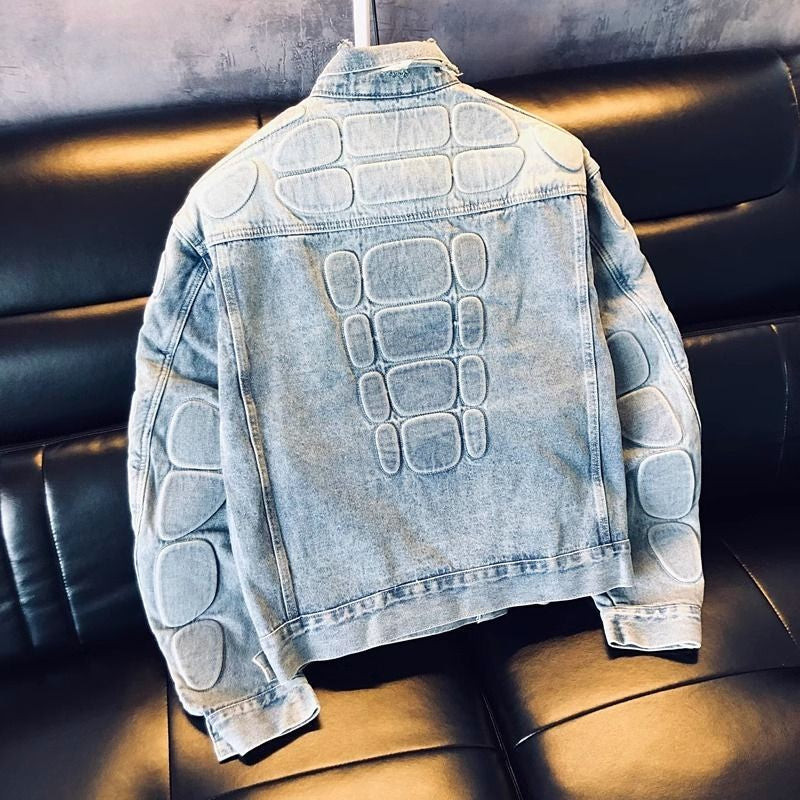 American Loose Hole Denim Jacket Men's Spring Broad Shoulder Rugged Handsome Coat Armor Design Motorcycle Jean Jacket Streetwear