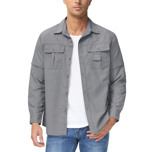 TACVASEN Summer Quick Dry Long Sleeve Cargo Work Shirts with Pockets Mens Safari Hiking Shirts Button Down Shirts Clothes Males