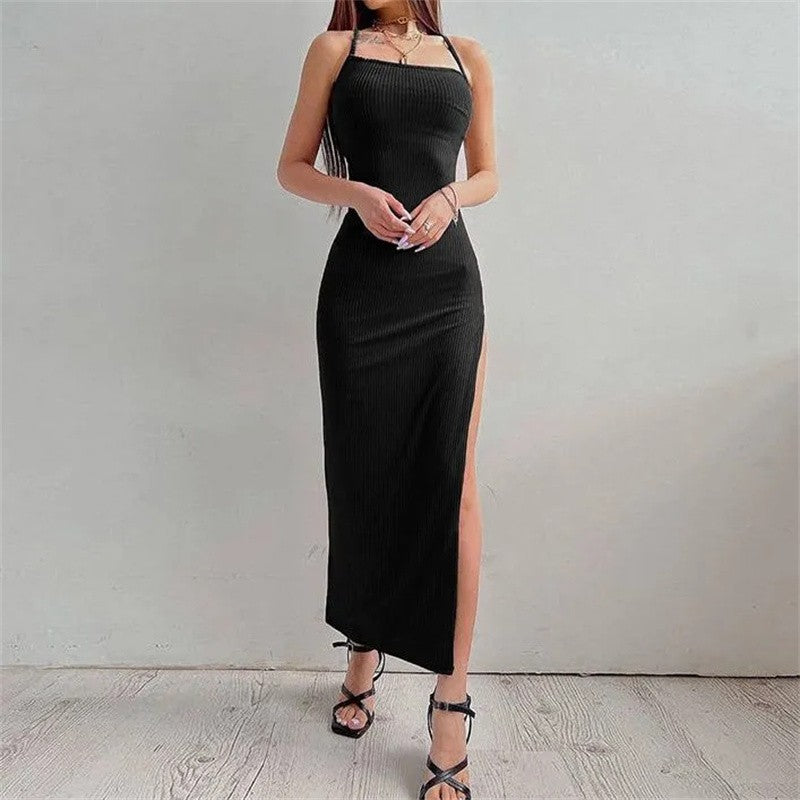 Sexy Black Long Bodycon Dress Women Summer Sleeveless Blackless Halter Neck Spag
