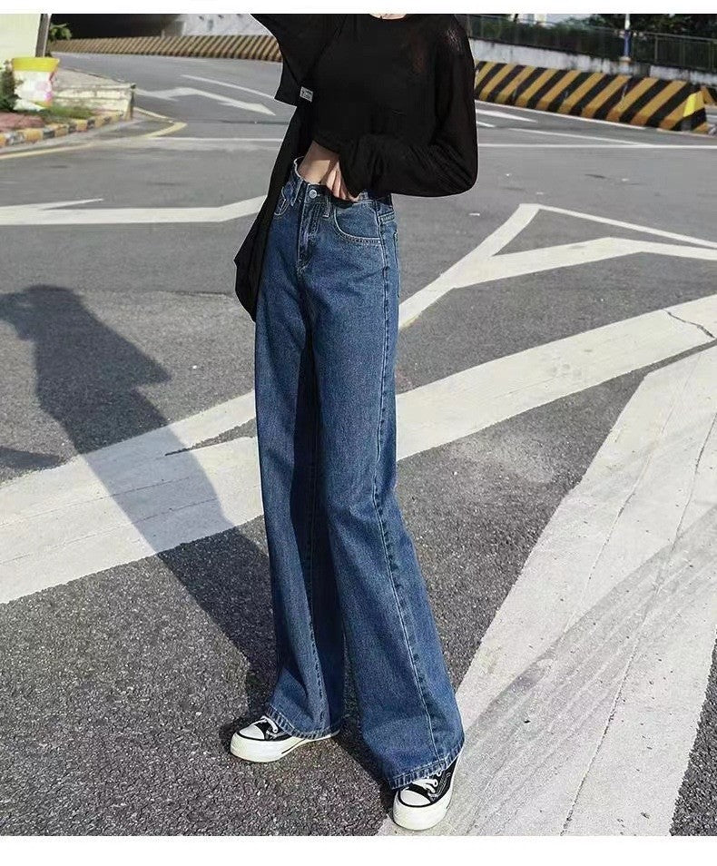 Calça Jeans Feminina de Cintura Alta Soltinha Que Modela o Corpo Elegante na Moda Drapeada Reta Boca de Sino