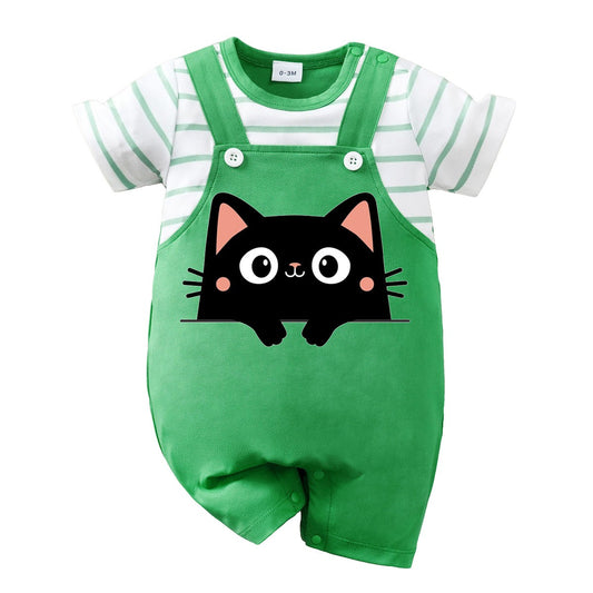 IURNXB Newborn Baby Romper Summer Cat Printed Short Sleeve Stripe Jumpsuit Infant One Piece Outfit for Boys Girls Unisex 0-18M