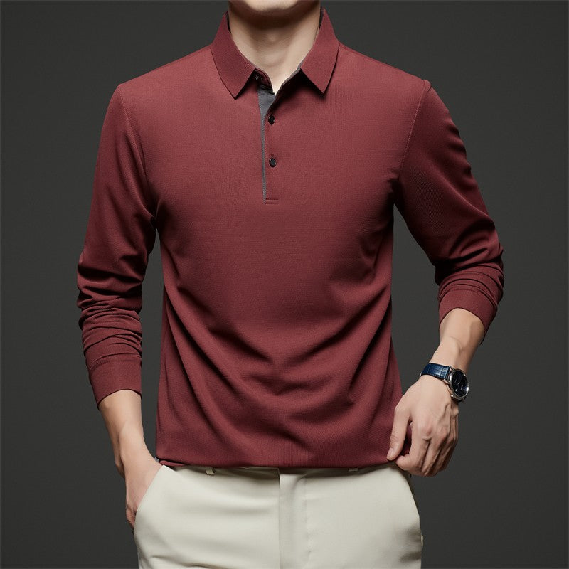 New Men's Business Casual Long Sleeve Solid Color Polo Shirt Fashionable Warm Comfortable Four Seasons Versatile Top