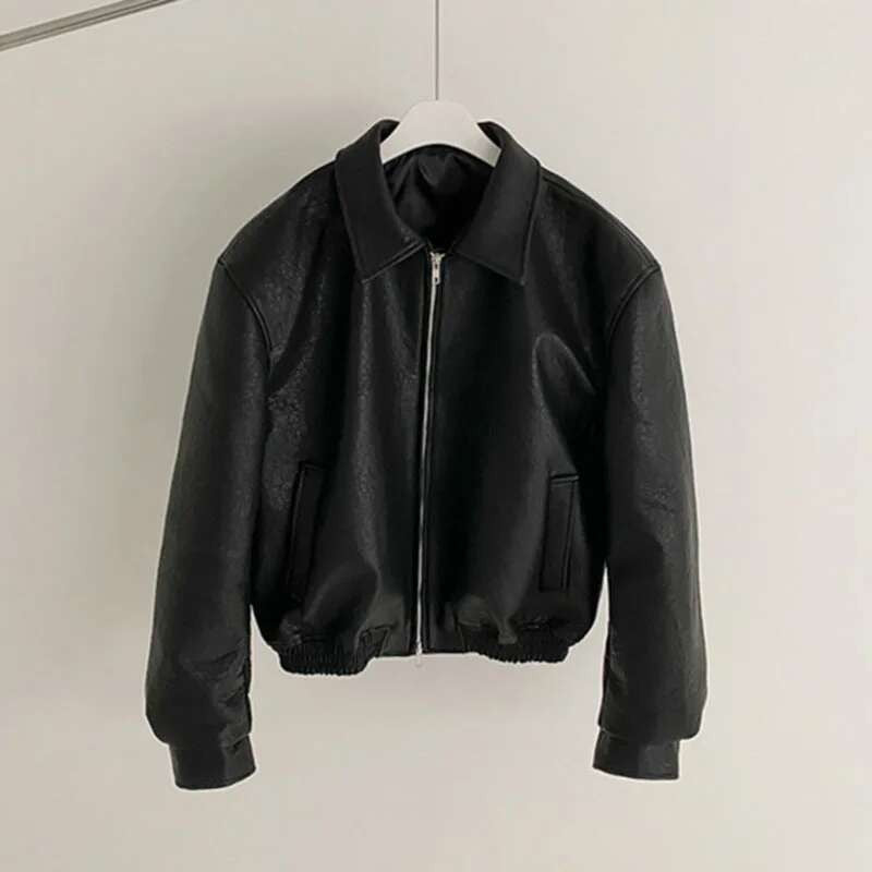 IEFB Short PU Leather Coat Men's Spring Summer Loose Turn-down Collar Coat Korean Style Trend Male Jacket Casual Top 9C5013