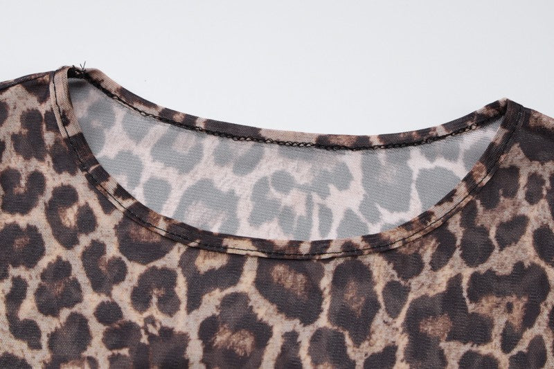 Hugcitar Leopard Print Mesh Long Sleeve Sexy Slim  See Through Maxi Dress Fall W