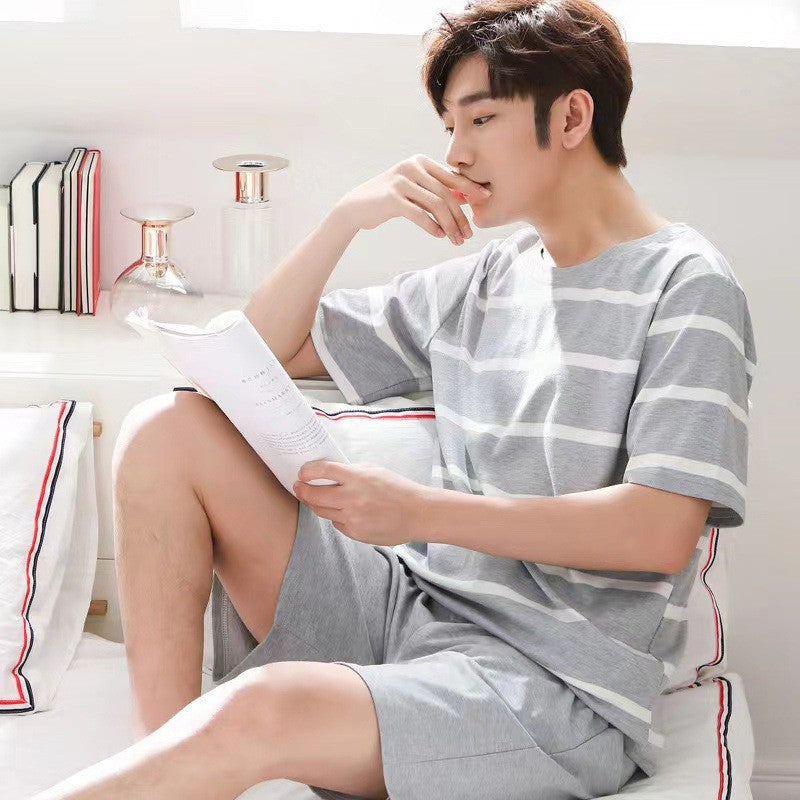 Summer Men's Pajamas Homewear Set Men's Short-Sleeved Shorts Teenage Students Cartoon Striped Casual Pajamas Homewear Set