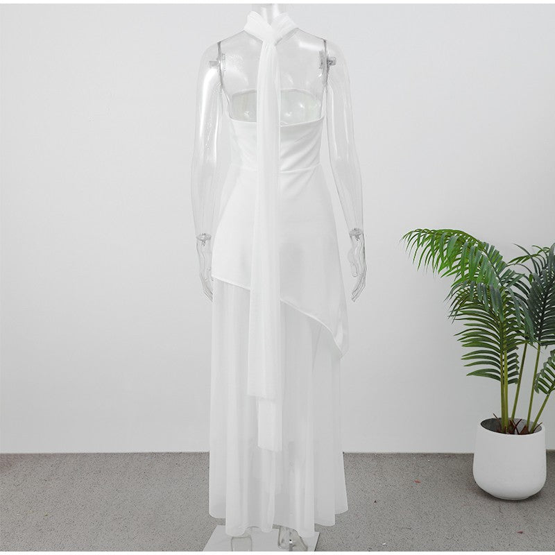 Fashion Strapless Ribbon Mesh Patchwork Maxi Dress Elegant Sleeveless Backless V