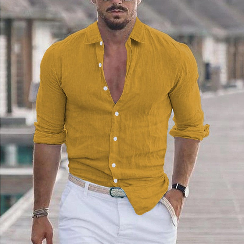 Summer Men's Cotton Linen Long Sleeve Casual Shirt Hawaii Fashion Lapel Loose soft comfortable Breathable Solid color Cardigan