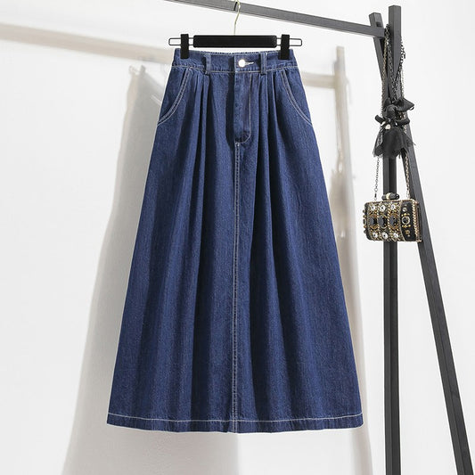 Plus Size Denim Skirt Women Summer 2025 New Korean Style High Waist A Line Pleated Long Jean Skirt Casual Women Maxi Skirt