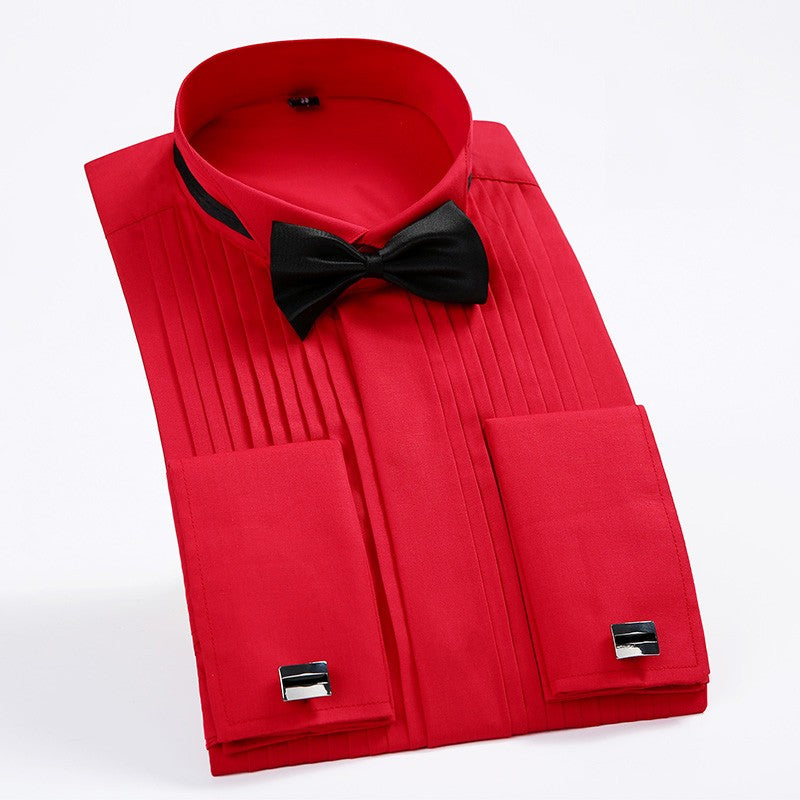 Classic Winged Collar Dress Shirt Men's Wingtip Tuxedo Formal Shirts with Red Black Bow Tie Party Dinner Wedding Bridegroom Tops