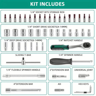 46/53 Professional Ratchet Tool Set, Multi-functional Auto Repair Tool Set, equipped with torque wrench, screwdriver and portabl