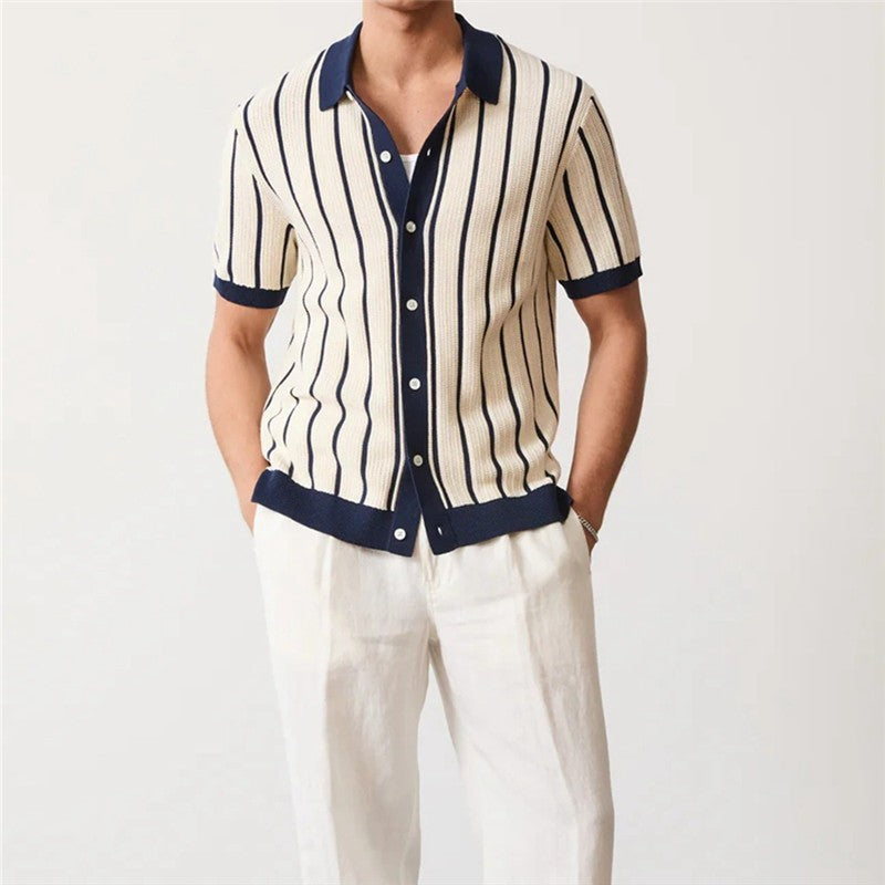 New Summer Men's Striped Knit Polo Shirts Fashion Patchwork Short Sleeve Turn Down Collar Smart Casual Polos Men Knitted Tops