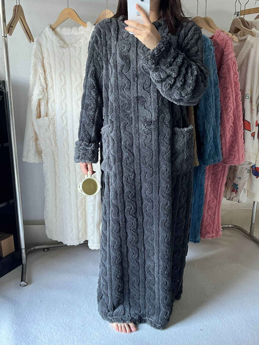 Thickened Warm Bathrobe Women Coral Velvet Padded Pajamas Dress Winter College Student Homewear Plus Size Ladies Striped