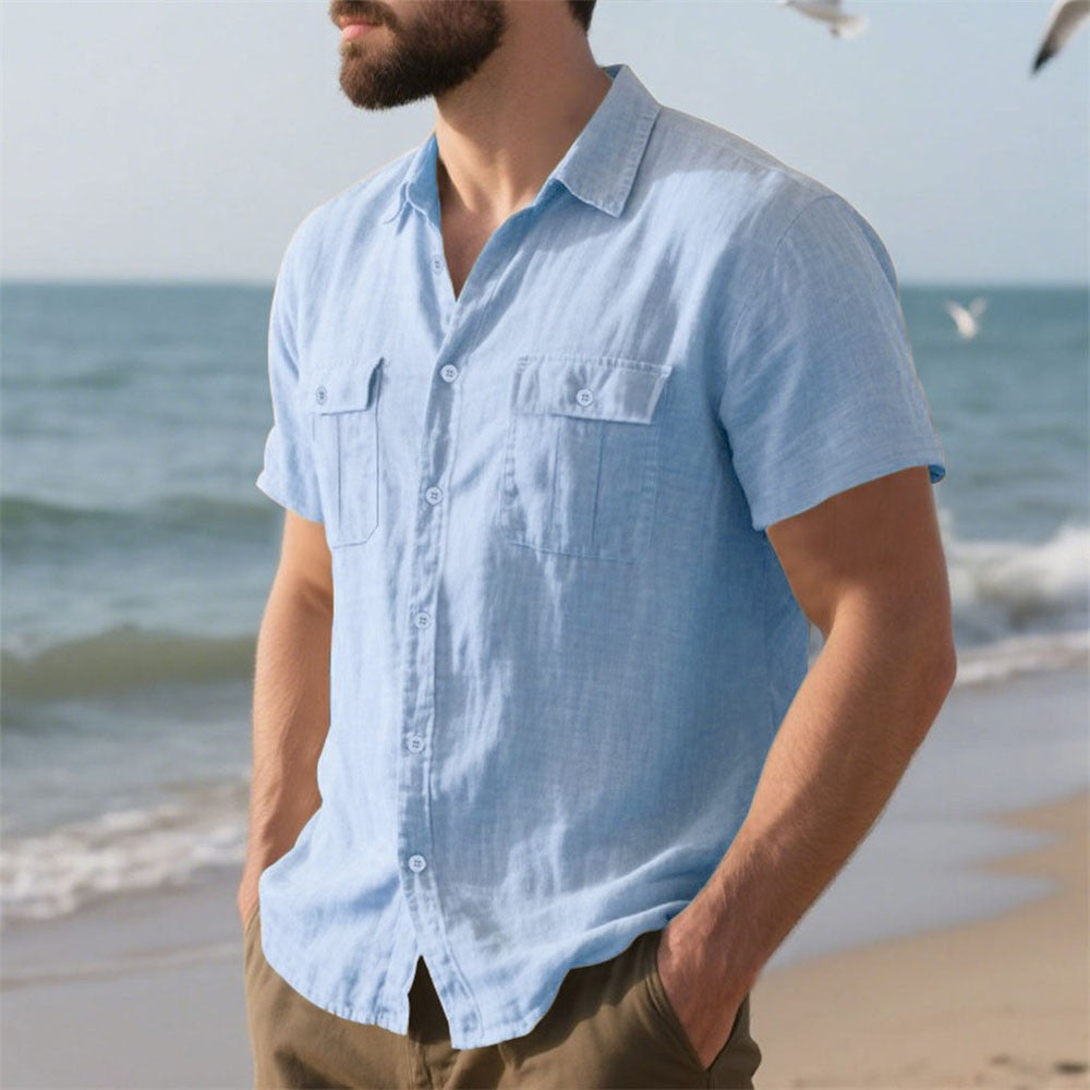 Summer Men's Cotton Linen Short Sleeve Shirt Double Pocket Solid Color Cargo Shirts Casual Vacation Beach Style Lightweight Tops
