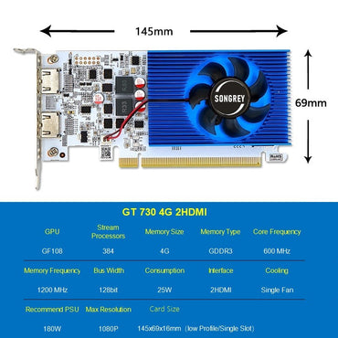 SRhonyra GT730 4GB Graphics Card 1080P Low Profile GPU DDR3 2HDMI 2 Monitor Display PCI-E2.0 16X ,Computer GPU,1Year Warranty