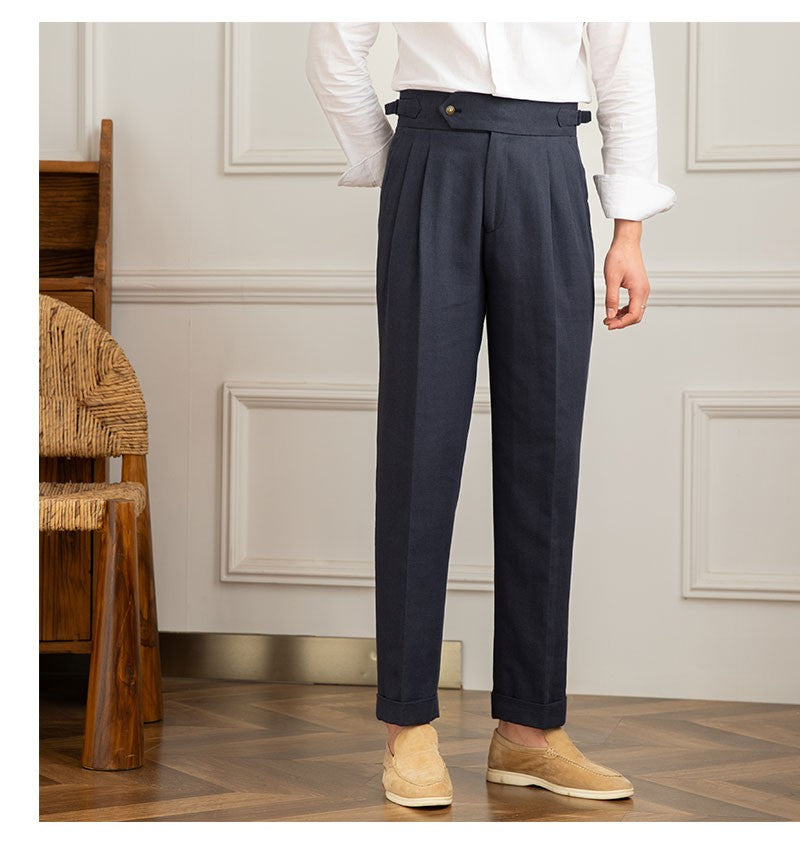 Three Gentleman Summer Naples Casual Straight Pants Men's Commuting Cotton and Linen Comfortable Breathable High Waist Pants