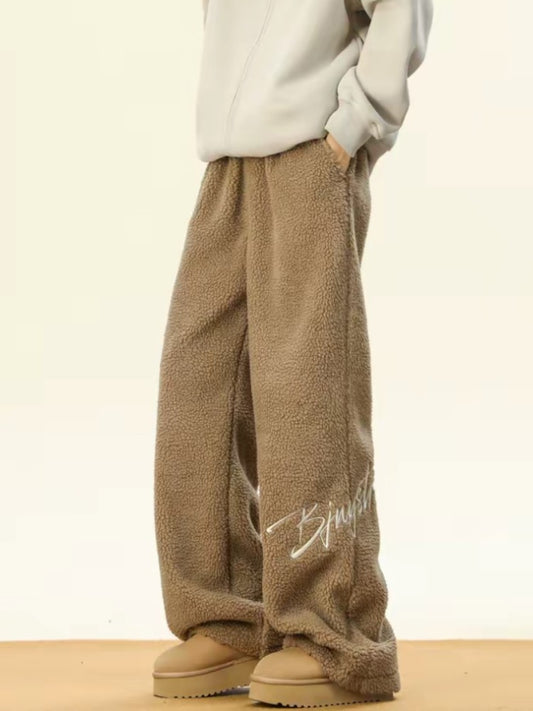 Women's Embroidered Flannel Sweatpants American Lamb Fleece Cotton Thickened Warm Couple Skiing Pants Autumn