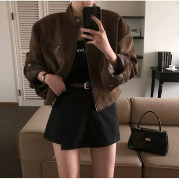 Retro American Coffee Brown Copper Zipper Button Short Jacket 2025 Autumn Trendy PU Leather Jacket Versatile for Dynamic Women