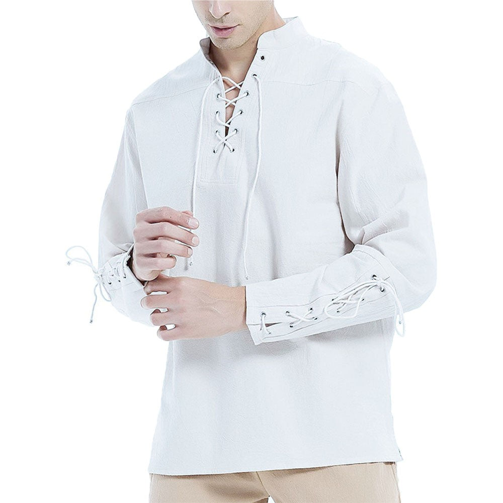 Cotton Linen Shirts for Men Medieval Costume Beach Tops Shirt Pull on Male Loose Casual Streetwear Cosplay Long Sleeve