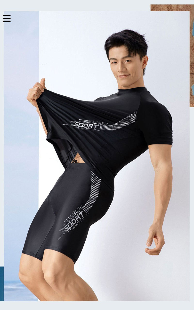 Men Swimsuit O-Neck Short Sleeve Mid-rise Swimming Suit Printing Slim Fit T-shirt Swimming Trucks Set Beachwear