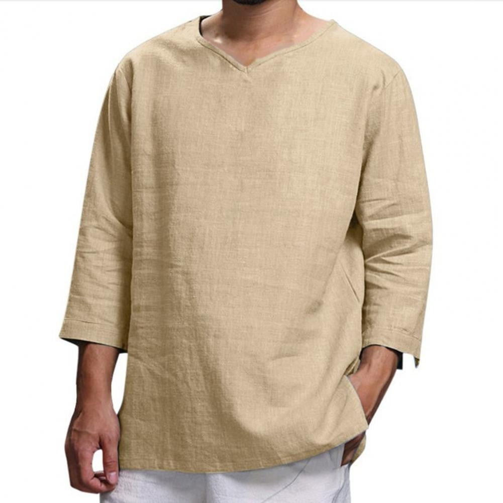 Cotton And Linen Men New 3/4 Sleeve Loose Solid Casual Large Pullover Shirt Leisure Summer Spring Long Sleeves Men Casual Shirt