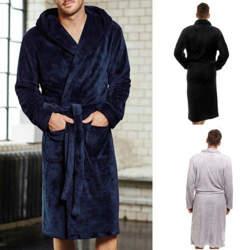 Casaul Men's Plush Shawl BathRobes with Sashes Men Soft Long Sleeve 2 Side Pockets Cloak Winter Solid Warm Dressing Gown M-XXL