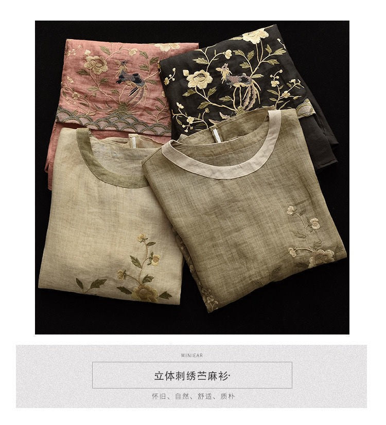 Cotton Linen Embroidered Floral Blouses Women's Chinese Classic Loose Shirt Top Casual Retro O Neck Short Sleeve Summer Shirts