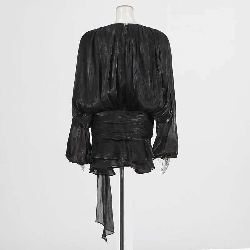 TWOTWINSTYLE Solid Blouse Mini Dresses For Women V Neck Long Sleeve Spliced Lace