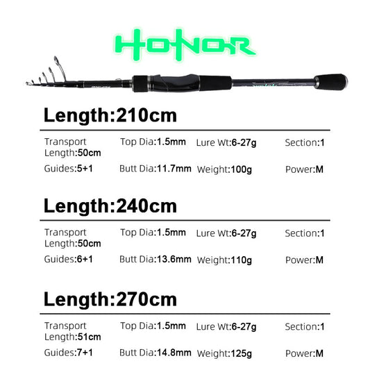 Vara de Pesca Telescópica MIFINE HONOR Fibra de Carbono 24T 2.1M 2.4M 2.7M Varas de Spinning para Viagem Peso da Isca 3-18g 6-27g Varas com Ponta Sólida