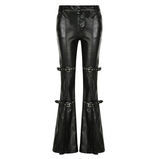PU Leather Flare Pant Goth Buckle Lace Patchwork Pants Women Fashion Y2K Streetwear Vintage Aesthetics Casual Pants Trousers