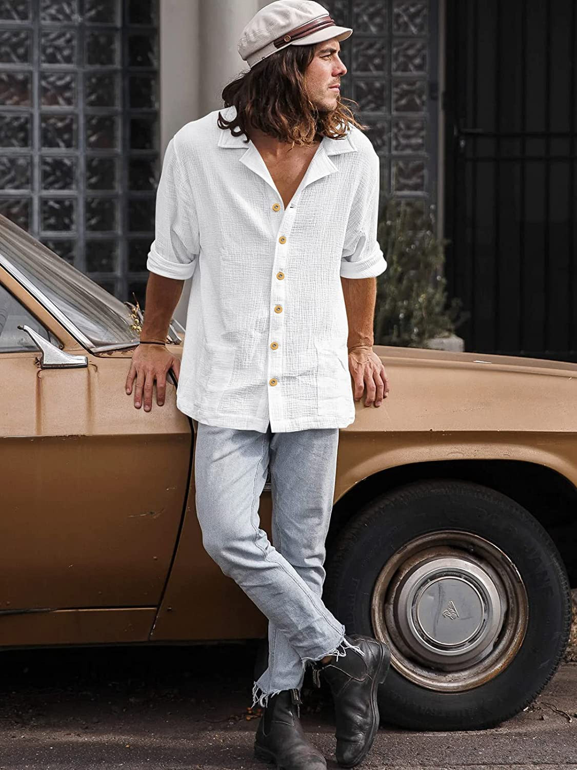 2025 Men's Casual Lapel Long Sleeve Shirts Tops Solid Loose Oversized T Shirt Men Cotton Linen Shirt Fashion Hawaiian Shirt Male